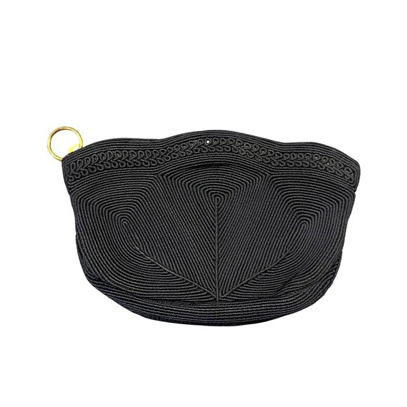 Unbraded Handbags - Vintage Cordé Black Corded Purse – Geometric Design – 1940s–1950s – Tiny Clutch